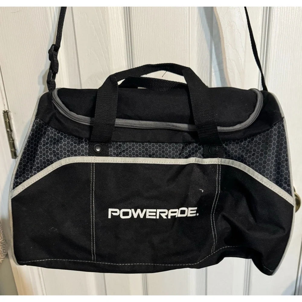 Powerade Black and Gray Gym Duffle Bag Handles and Strap Zip Closure